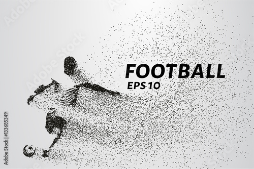 Football of the particles carries in the wind. Silhouette of a football player from circles.