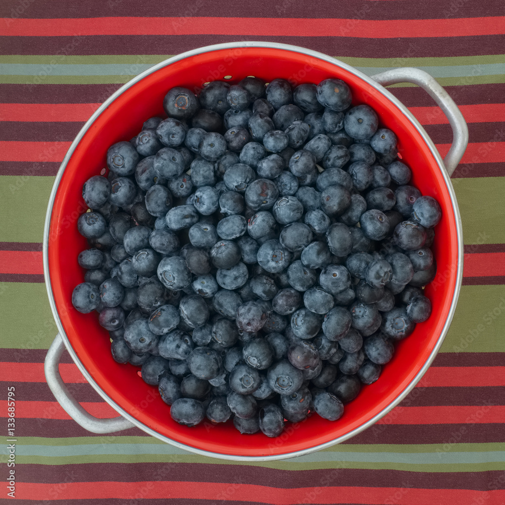 colander with blueberries on stripy kitchen towel colander with blueberries on stripy kitchen towel