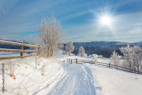 Zimowy wiejski krajobraz z drewna ogrodzenia i zaśnieżonej drodze
