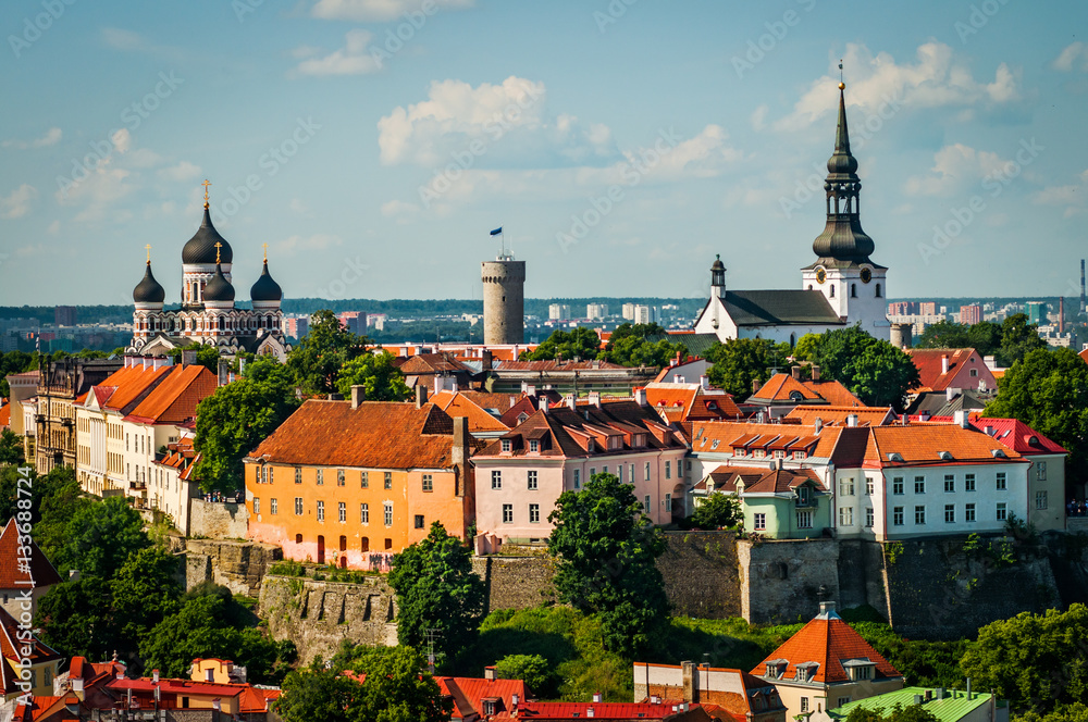 View of the Old Town of Tallinn from St. Olaf's Church Tower in sunny day. Tallinn, Estonia.