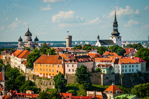 View of the Old Town of Tallinn from St. Olaf's Church Tower in sunny day. Tallinn, Estonia.