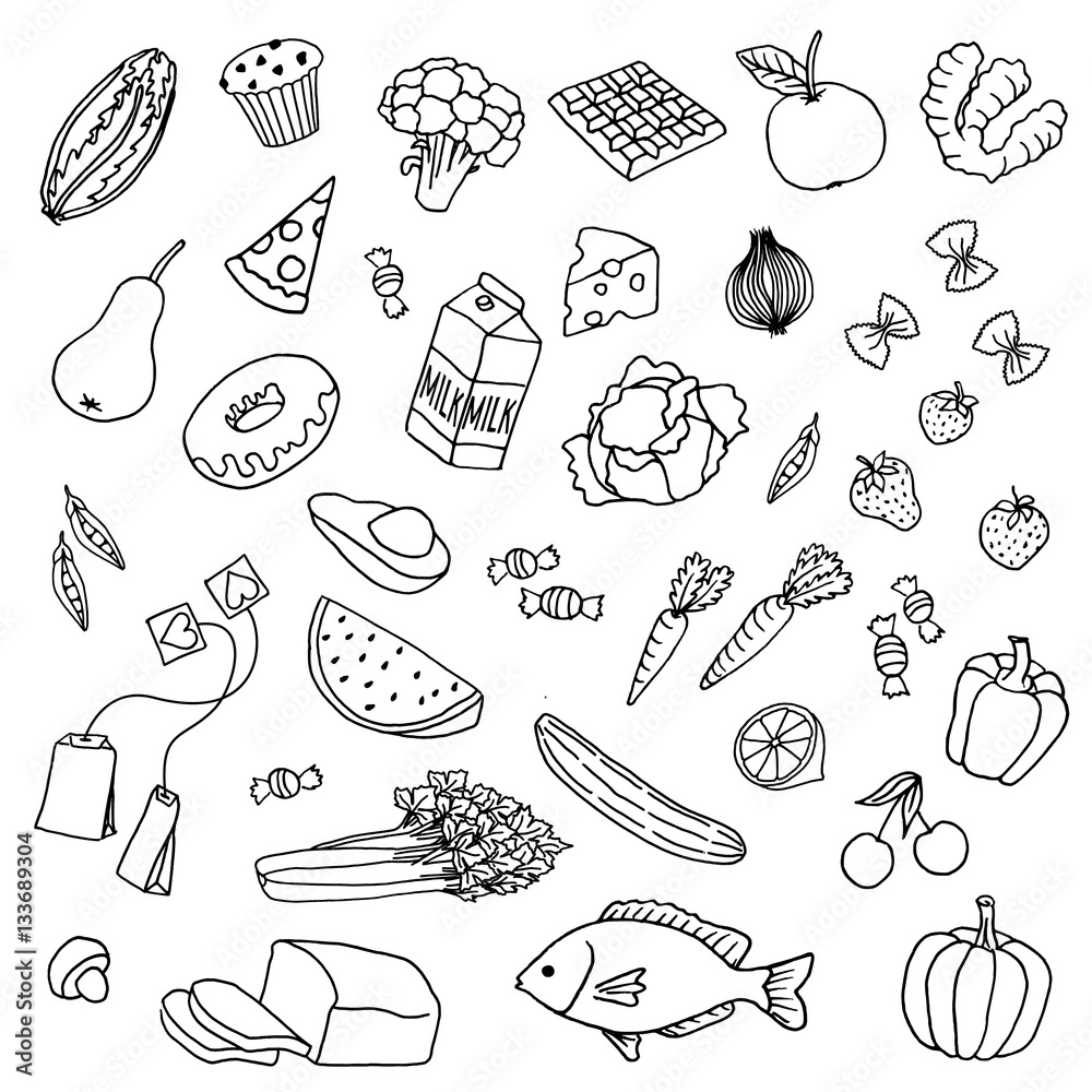 Картинки еда для детей распечатать Variety of hand drawn doodle food items Векторный объект Stock Adobe Stock