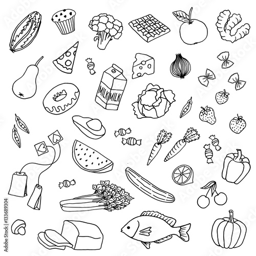 Variety of hand drawn doodle food items