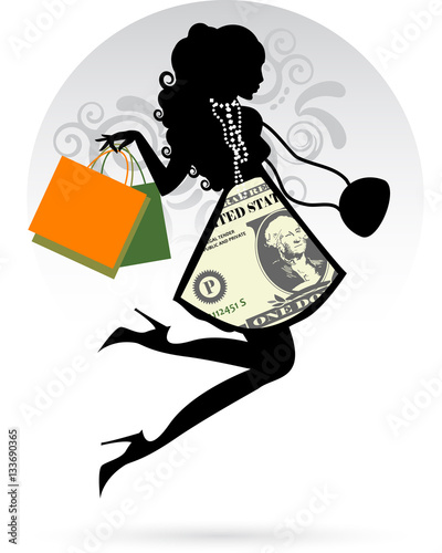 
woman with shopping bags and one american dollar banknote on dress
