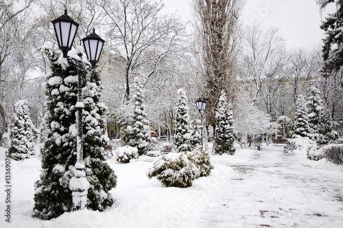 Snow-covered city park