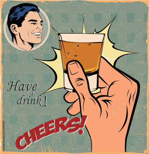 Vintage illustration of a hand holding a glass and making a toast