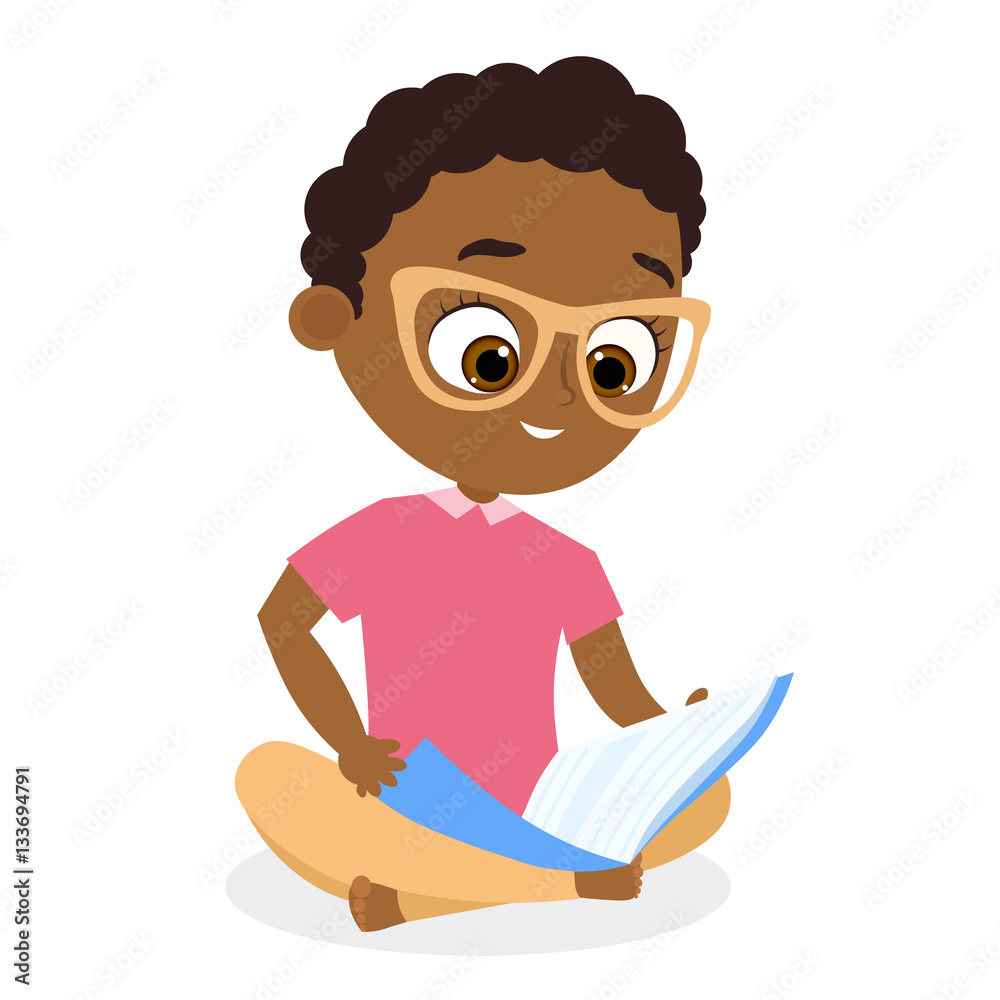 African American boy with glasses. Young boy reading a book sitting on the  floor. Vector illustration eps 10. Flat cartoon style. Stock Vector | Adobe  Stock