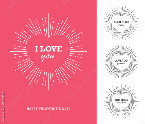 Valentine's day card with heart shaped frame and sunburst
