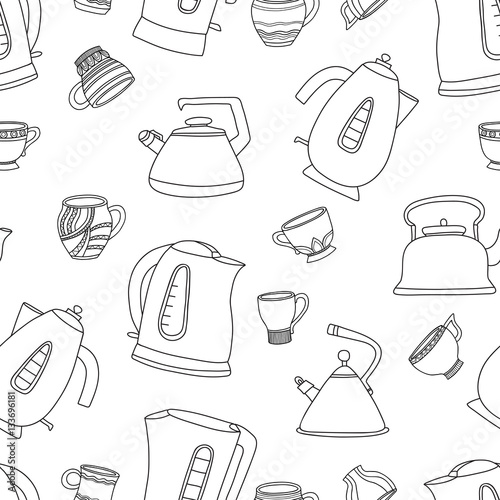 Vector seamless pattern with cups of tea and teapots.