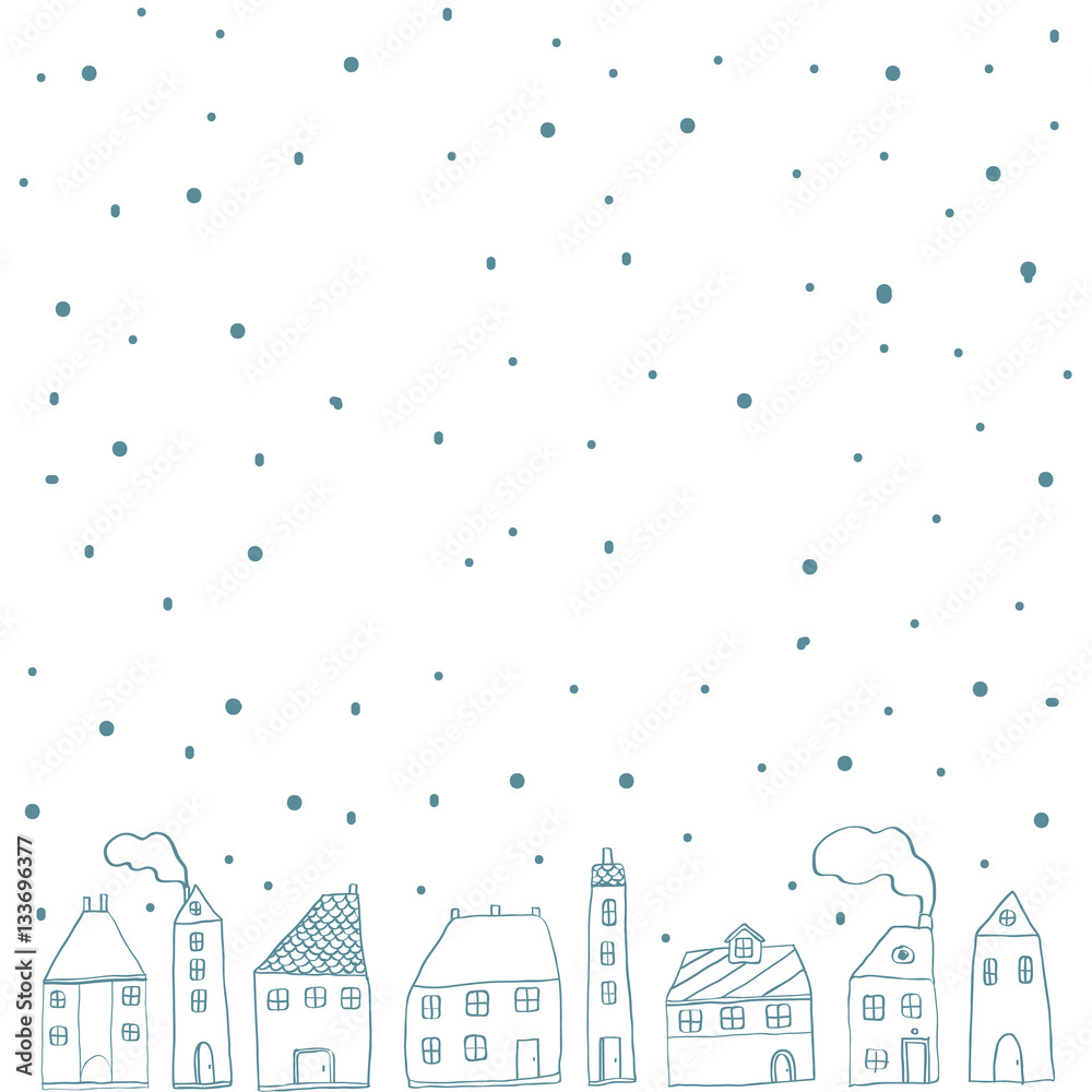 Cartoon sketch of small houses. Winter background. Vector