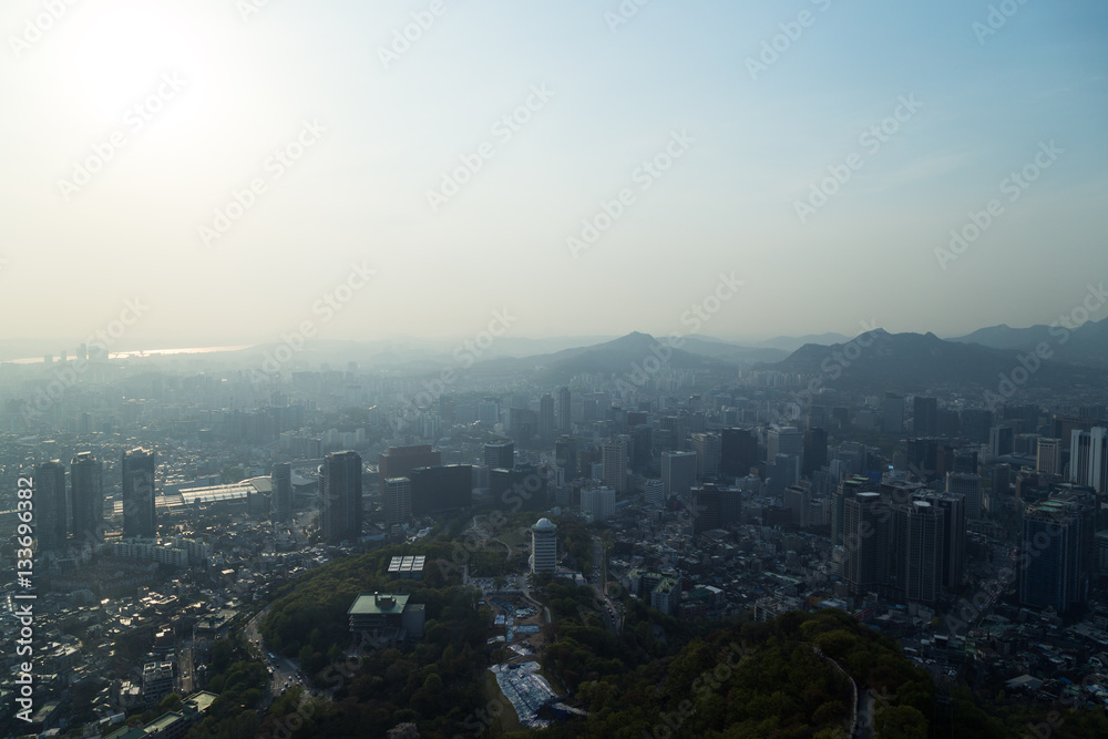 Hazy day at the downtown in Seoul, South Korea, viewed from above. Copy space.