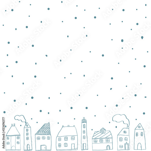 Cartoon sketch of small houses. Winter background. Vector