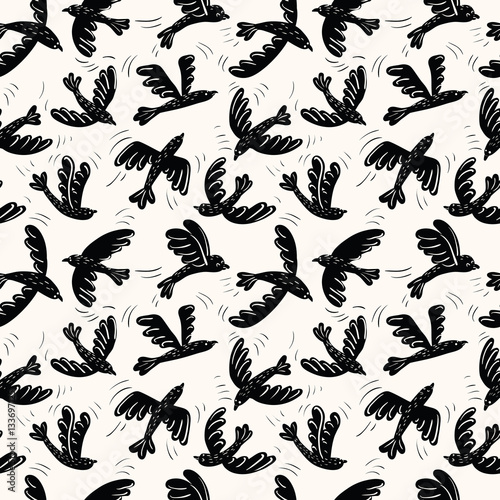 Vector silhouette flying birds seamless pattern
