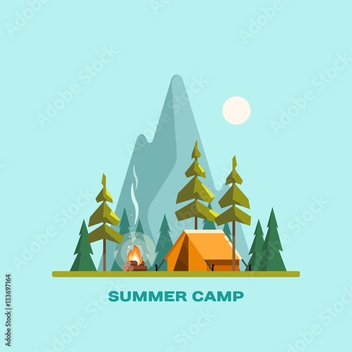 Summer camp. Landscape with yellow tent, campfire, forest and mountains on the background. Sport, camping, adventures in nature, vacation, and tourism vector illustration.