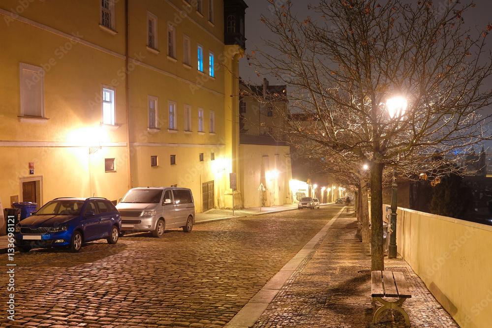 Prague, Czechia - November, 21, 2016: Night street in a center of Prague