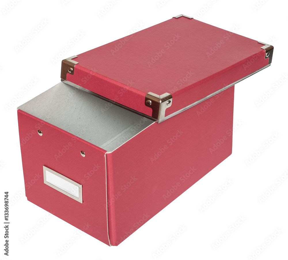 Haft-open red cardboard box with metal findings. Isolated on the white background, three-quarter view, no shadow. Haft-open red cardboard box with metal findings. Isolated on the white background, three-quarter view, no shadow.