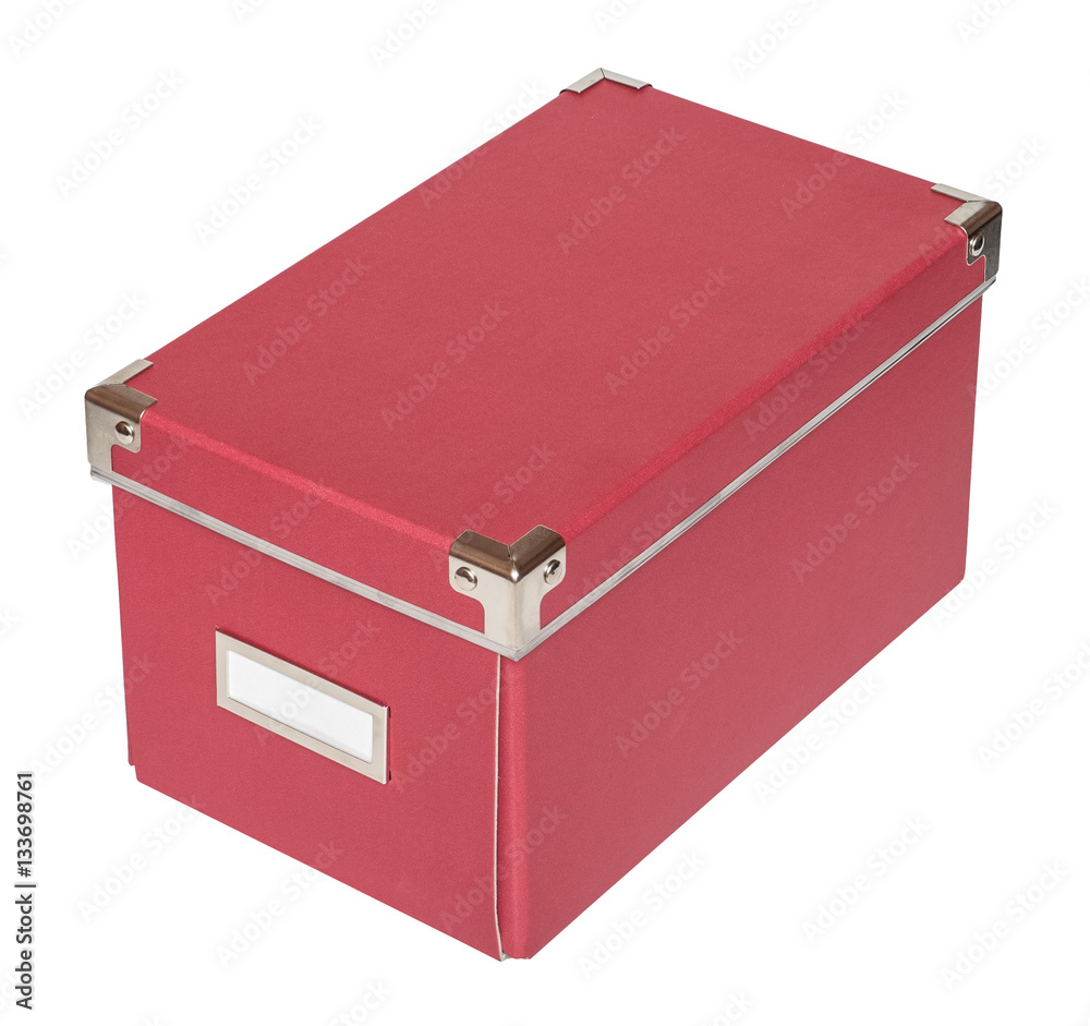 Closed red cardboard box with metal findings. Isolated on the white background, three-quarter view, no shadow. Closed red cardboard box with metal findings. Isolated on the white background, three-quarter view, no shadow.