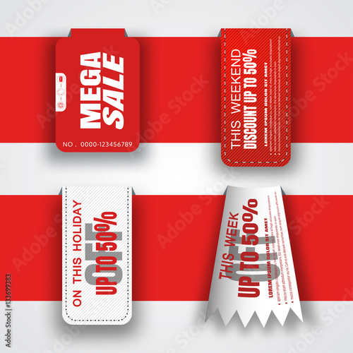 Vector set of holiday red and white sale banners different shape put on the red paper stripe.