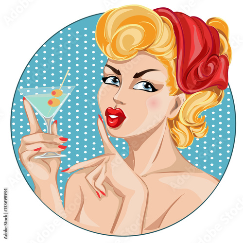 Pin-up sexy woman portrait with martini. Silence Gesture girl hand drawn vector illustration