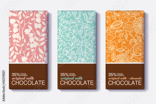 Vector Set Of Chocolate Bar Package Designs With Vintage Floral Patterns. Milk, Dark, Almond. Editable Packaging Template Collection.