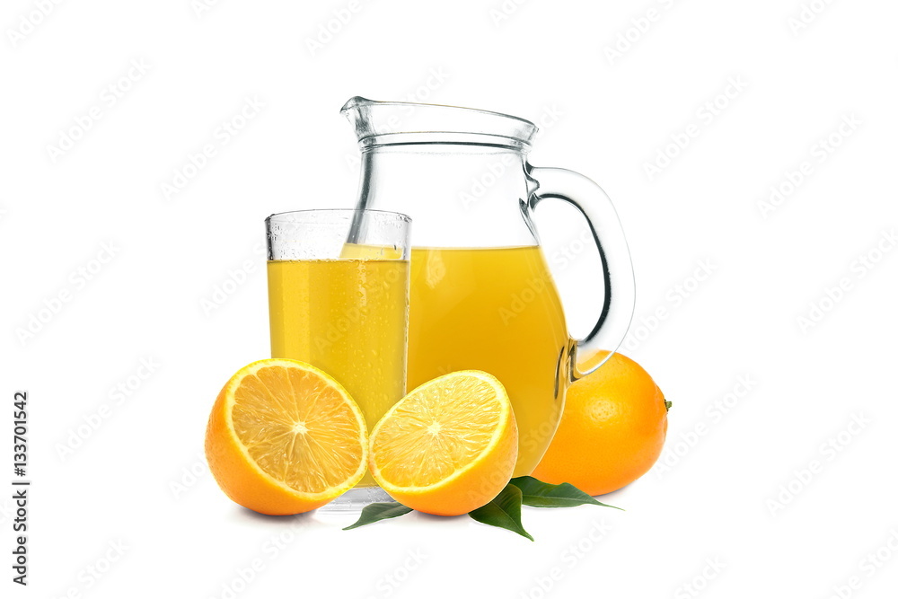 Delicious orange juice in glass and jug isolated on white background Delicious orange juice in glass and jug isolated on white background