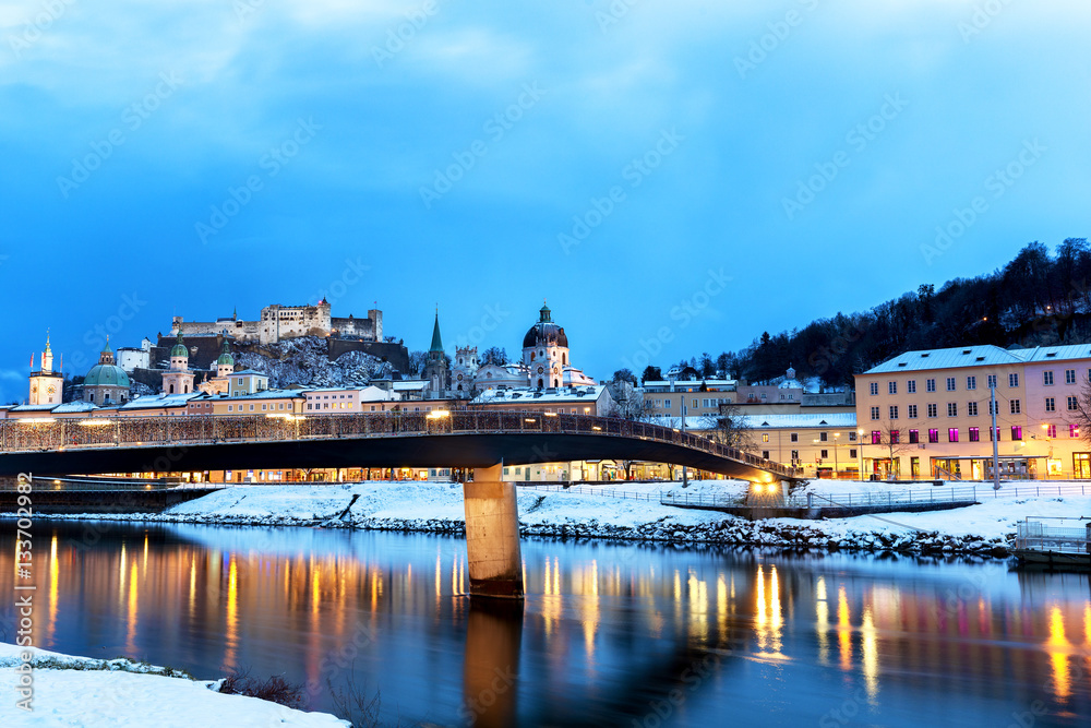 Beautiful view of the historic city of Salzburg with Salzach riv