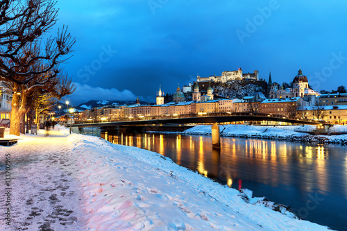 Classic view of the historic city of Salzburg with Salzburg Cath photo