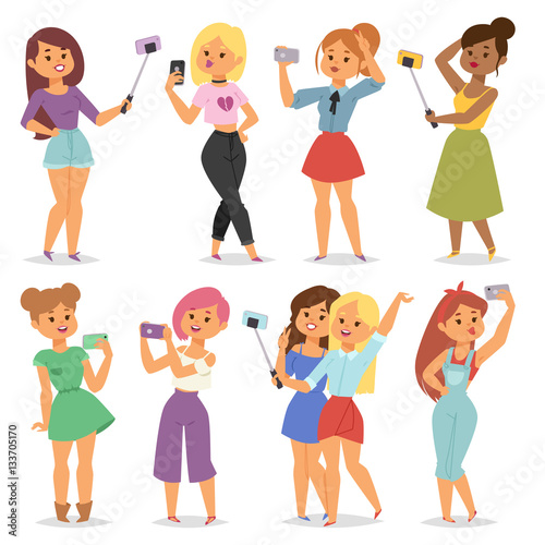 Cartoon selfie girls vector illustration.