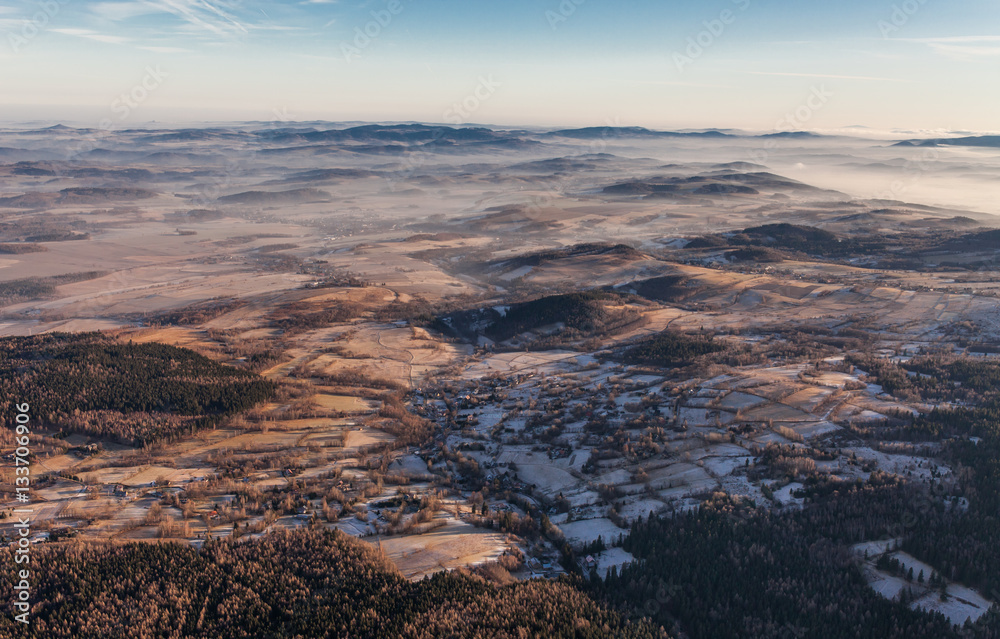 aerial view of the forest in winter time in Poland