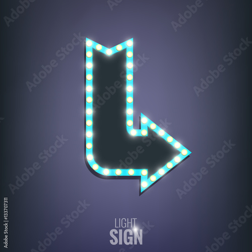 Banner with light bulbs. Shiny arrow sign. Glowing advertisement