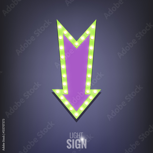 Sign with light bulbs. Shiny arrow banner. Glowing advertisement