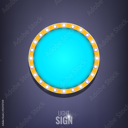 Sign with light bulbs. Shiny banner. Glowing advertisement