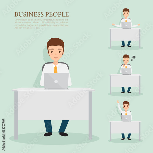 business man working at office desk. people character in job.