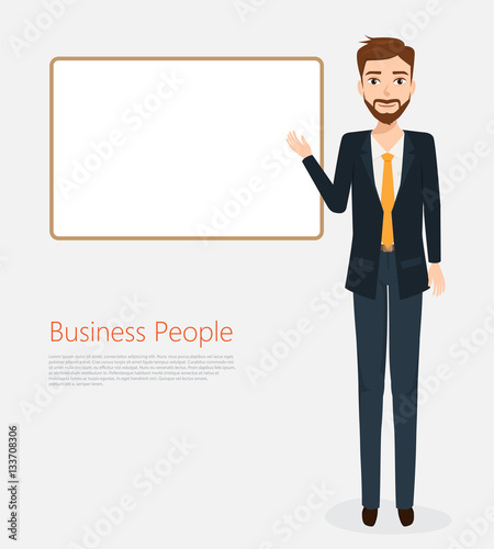 business man presenting with a white board in office room. people character vector. photo