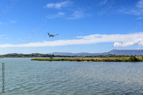 A small airplane landing at the Corfu international airport. Corfu island  Greece. 