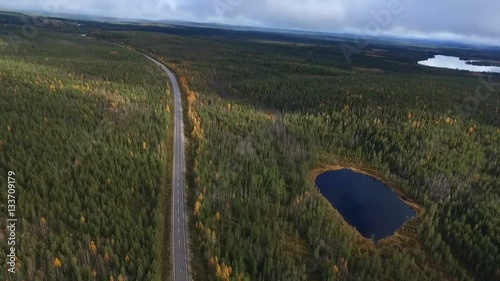 180 degree aerial view on Finnish forrest in autumn colors, near Kuusamo, Finland photo