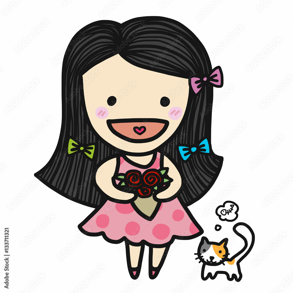 Cute girl in love holding roses bouquet cartoon illustration Cute girl in love holding roses bouquet cartoon illustration