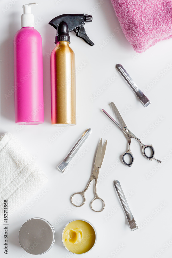 hairdresser working desk preparation for cutting hair top view hairdresser working desk preparation for cutting hair top view