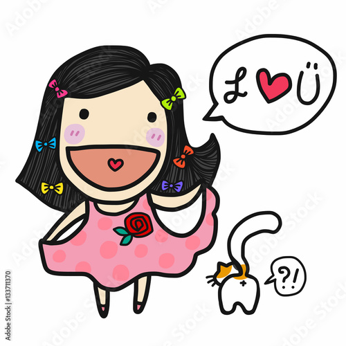 Cute girl in love say I love you cartoon illustration