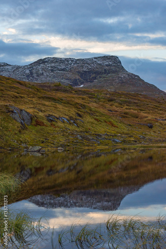 Mountain top reflection in water at Åre Skutan photo