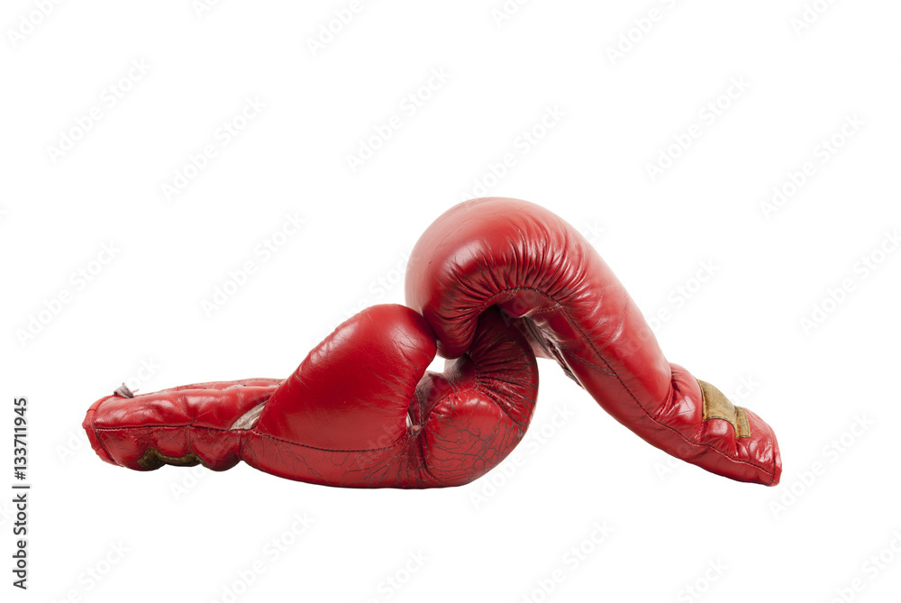 old red leather boxing gloves shaking hands, isolated on white background