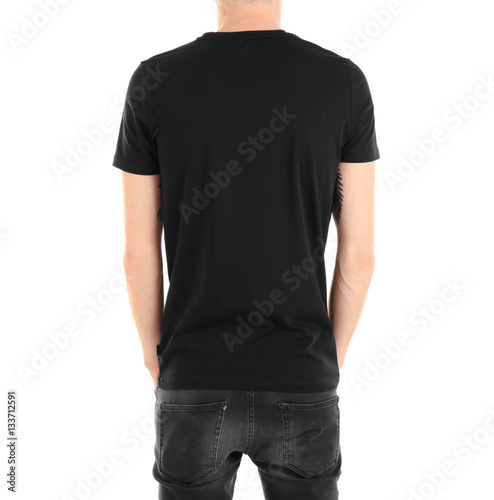 Closeup of man in black T-shirt isolated on white