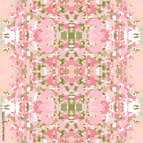 Seamless nature pattern. Stone, snake skin, band view mosaic motley texture. Ornamental collage. Green, rose, white soft colored background. Vector