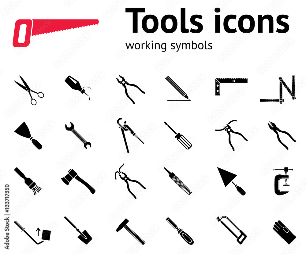 Tools icons set. Glue, pliers, tongs, wrench key, hammer, rubber gloves, spattle, brush, scissors, chisel, clamp, saw, pinchbar, surfacer, spade, angle. Repair fix symbols. Vector Tools icons set. Glue, pliers, tongs, wrench key, hammer, rubber gloves, spattle, brush, scissors, chisel, clamp, saw, pinchbar, surfacer, spade, angle. Repair fix symbols. Vector