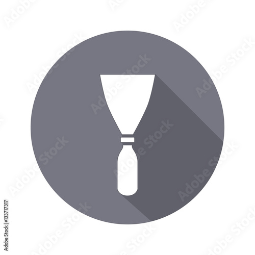 Tool icon. Spattle, surfacer, plastering instrument. Work, job, labour, toil, repair, building symbol. White sign on round gray button with long shadow. Vector isolated