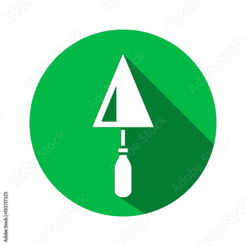 Tool icon. Spattle, surfacer, plastering instrument. Work, job, labour, toil, repair, building symbol. White sign on round button with long shadow. Vector isolated