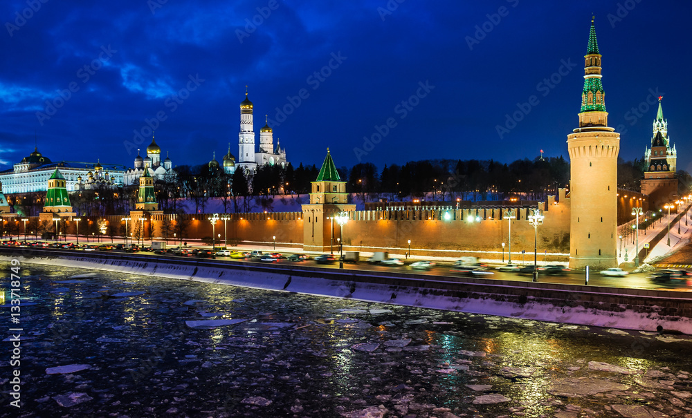 Moscow Kremlin  on a winter evening. Ice drift Moscow-river