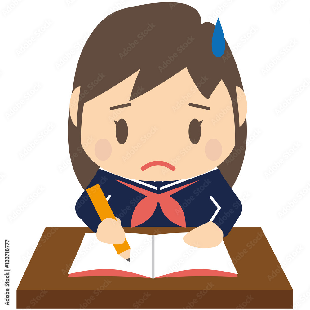 かわいいセーラー服の女子学生　机で勉強　悩む