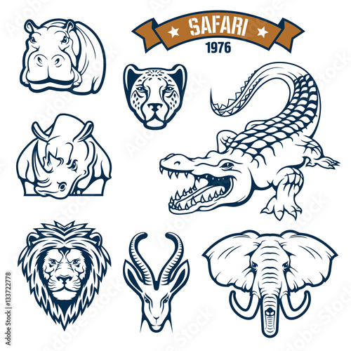 Safari hunting club animals vector icons set