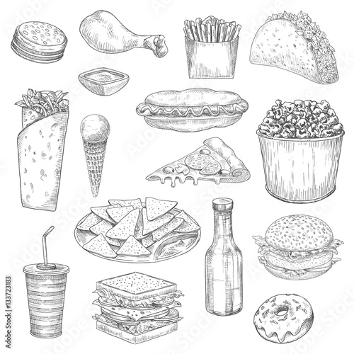 Fast Food snacks and drinks sketch vector icons